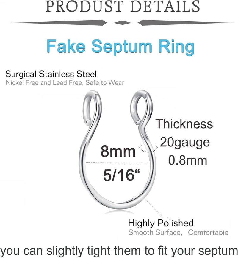 QWALIT Fake Nose Ring Gold Fake Septum Ring Hoop Silver Faux Septum Piercing Clip on Lip Ring Stick on Nose Stud Non Piercing Ear Earring Cuffs Gold Lip Cuff Non Pierced - Image 2